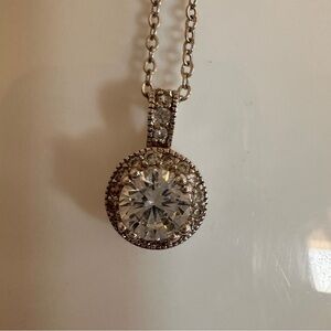 Brilliant CZ Halo Pendant Necklace Silver Tone Sparkle Glam Bridal Timeless